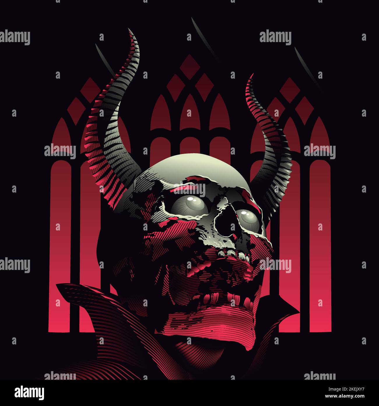 Image vectorielle du crâne du diable, visage du démon sur fond d'église Illustration de Vecteur