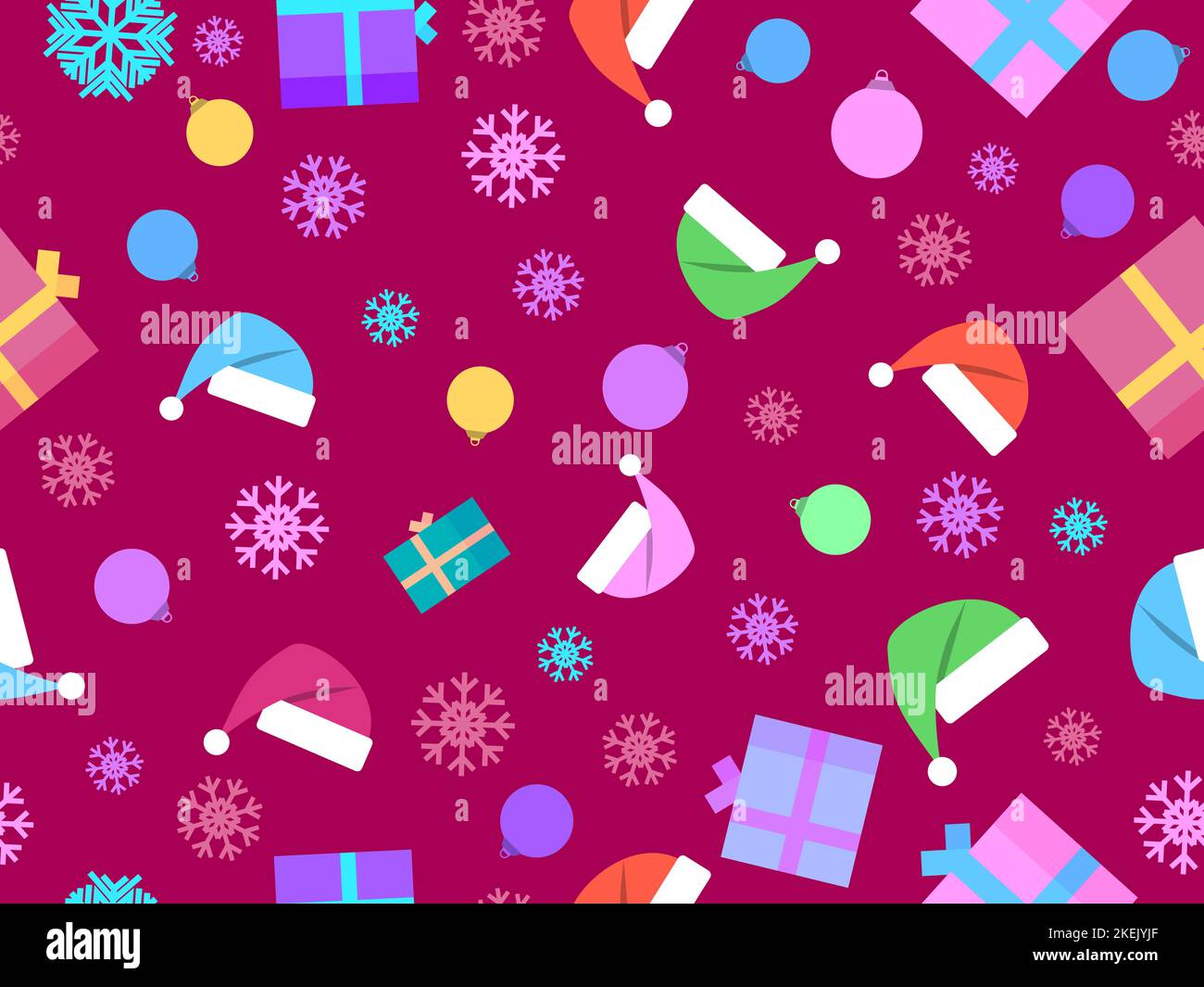 Motif de Noël sans coutures avec boules de Noël, flocons de neige, 3D boîtes-cadeaux et chapeau de père Noël. Motif de Noël dans le style géométrique de memphis. Motif Noël pour Illustration de Vecteur