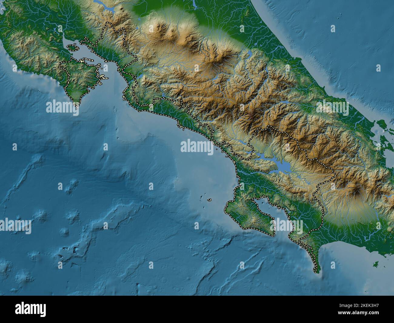 Puntarenas, province du Costa Rica. Carte d'altitude en couleur avec lacs et rivières Banque D'Images