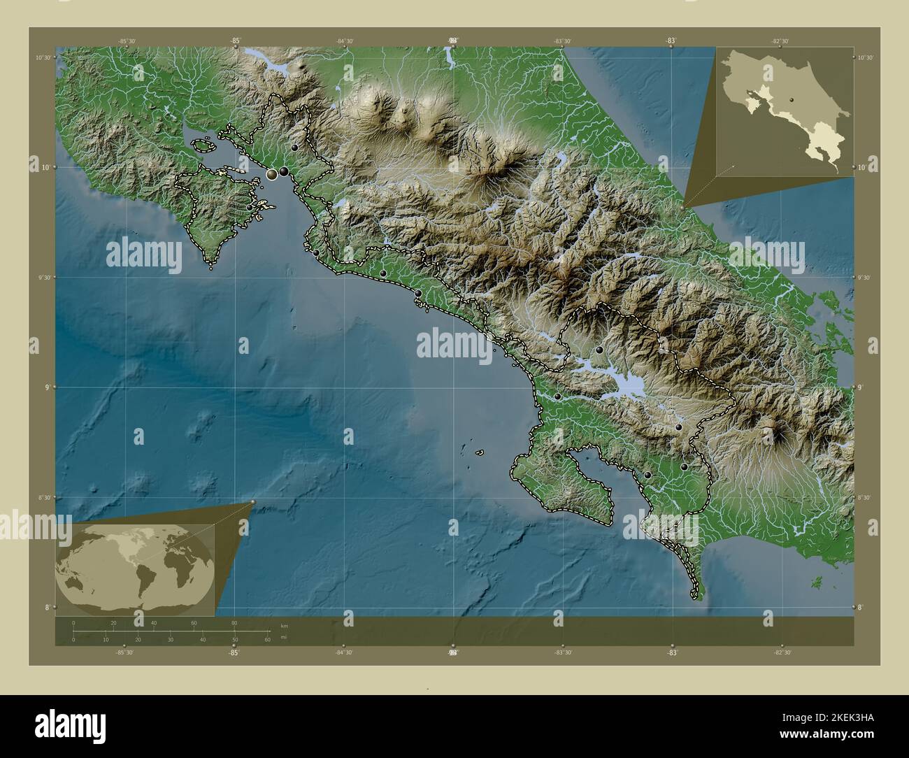 Puntarenas, province du Costa Rica. Carte d'altitude colorée en style wiki avec lacs et rivières. Lieux des principales villes de la région. Angle auxilia Banque D'Images