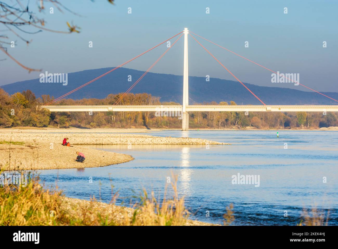 Parc national Donau-Auen, Parc national Danube-Auen : pont routier Andreas-Maurer-Brücke, rivière Donau (Danube), vue sur la ville de Hainburg et la montagne des Brauns Banque D'Images