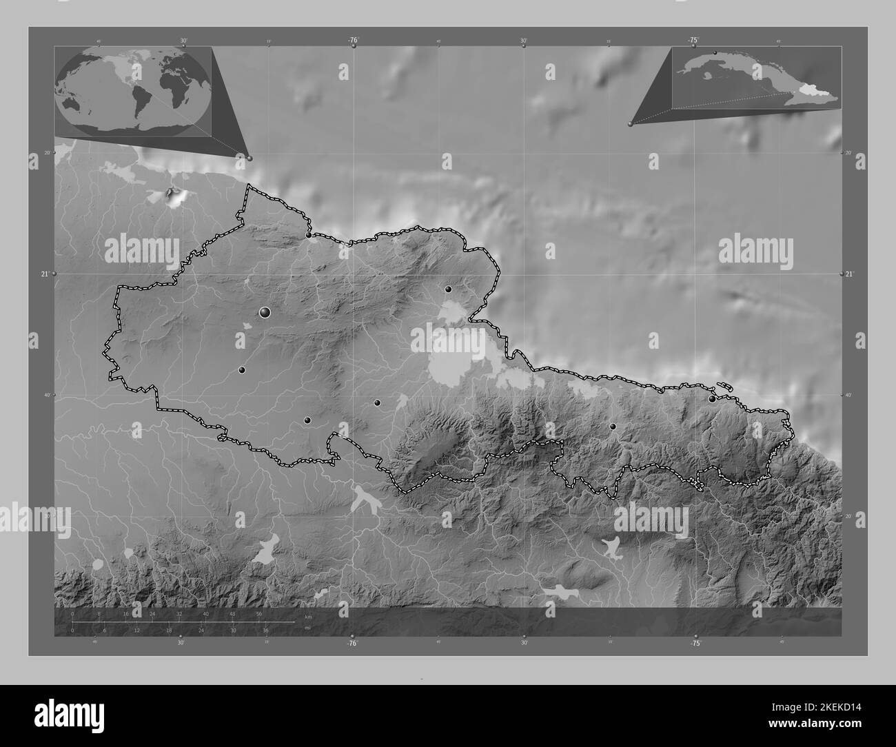 Holguin, province de Cuba. Carte d'altitude en niveaux de gris avec lacs et rivières. Lieux des principales villes de la région. Cartes d'emplacement auxiliaire d'angle Banque D'Images