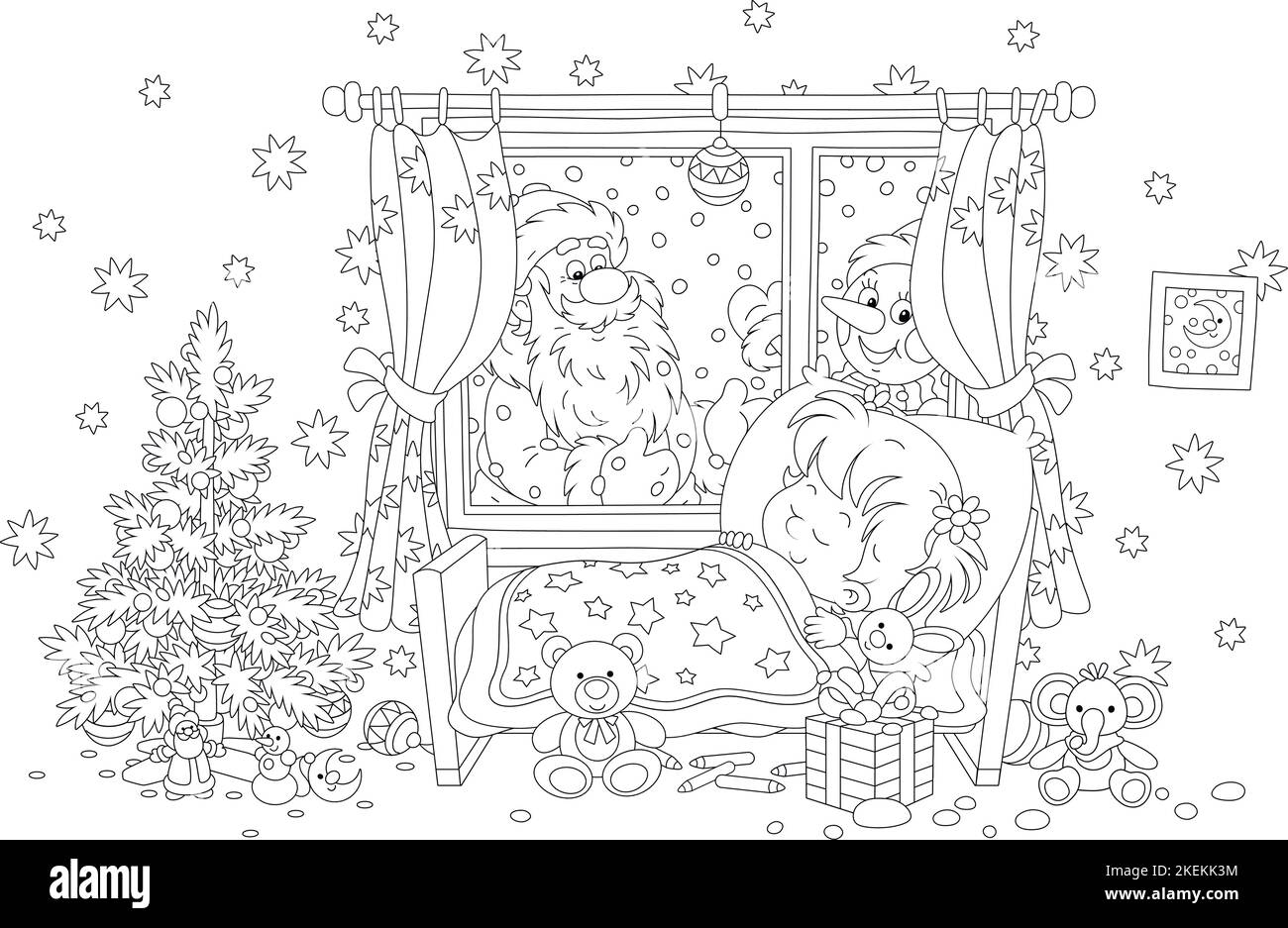 Le Père Noël et un bonhomme de neige drôle avec des cadeaux de vacances piquant à travers une fenêtre de pépinière d'une petite fille dormante sur la nuit enneigée avant Noël Illustration de Vecteur