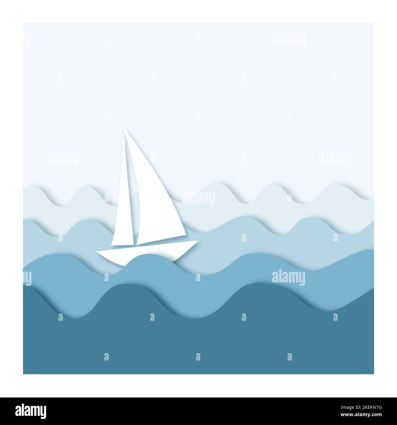Bateau à voile sur les vagues, vue sur la mer de style coupé en papier. Illustration de Vecteur