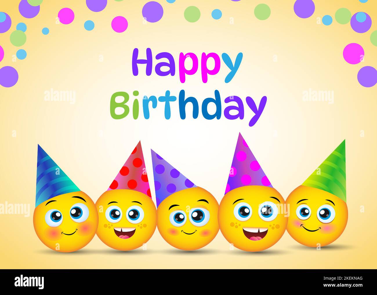 Carte de vœux de joyeux anniversaire avec visages jaunes souriants. Vecteur anniversaire fond coloré bannière caractère drôle visage design. Illustration de Vecteur