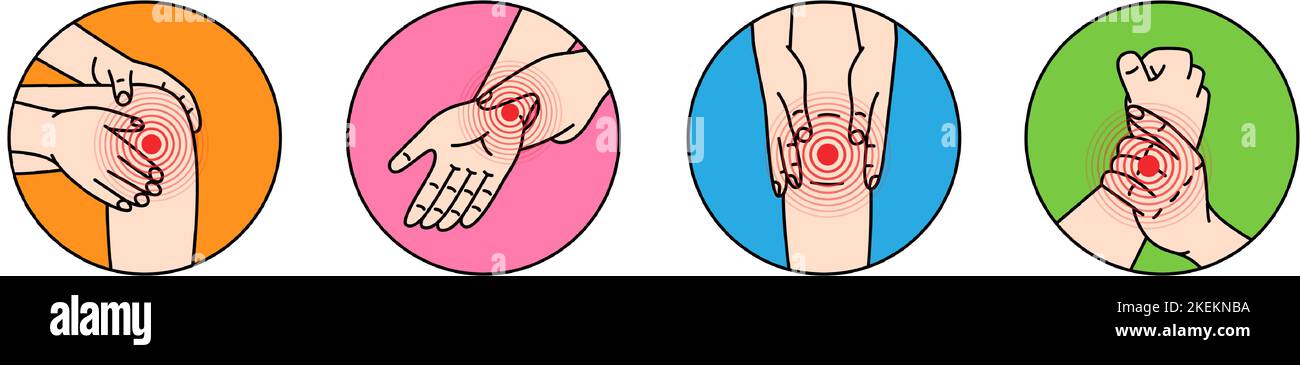 Douleur dans les articulations humaines. Mal au genou et au poignet. Douleur dans différentes parties du corps humain. Problèmes de santé dans les douleurs musculaires et les problèmes articulaires. Illustration de Vecteur