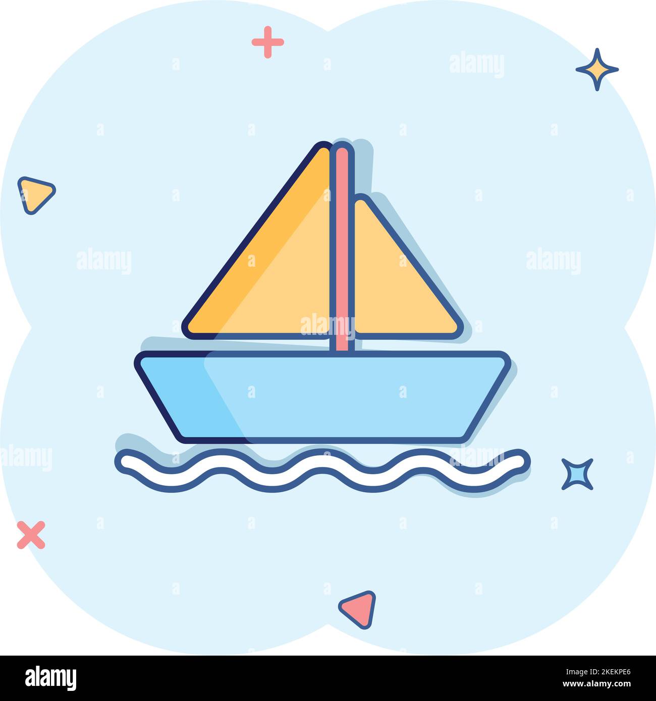 Icône de bateau de tourisme en style comique. Illustration vectorielle de dessin animé pour bateau de pêche sur fond blanc isolé. Destination de camion-citerne effet de destruction de l'entreprise con Illustration de Vecteur