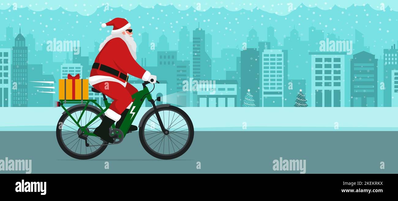 Le Père Noël écologique contemporain est équipé d'un vélo électronique et d'un cadeau de Noël, concept de mobilité durable Illustration de Vecteur