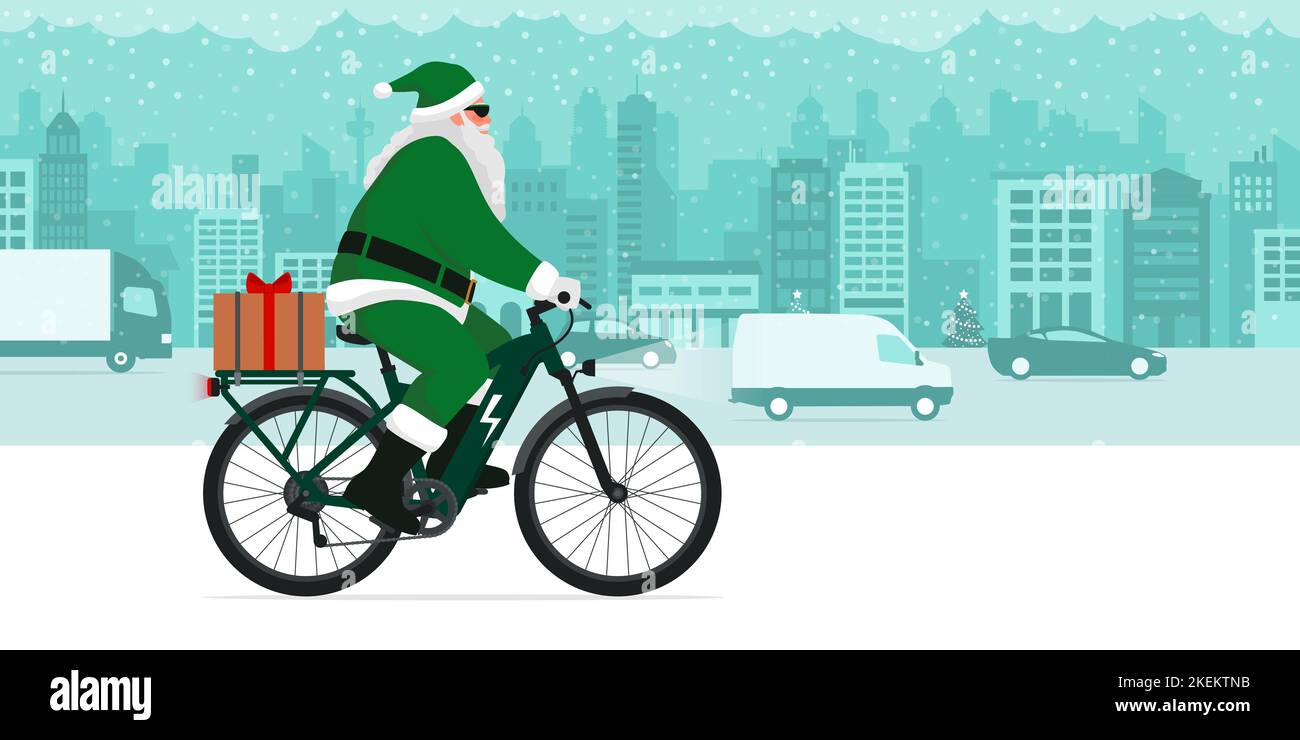 Le Père Noël écologique contemporain est équipé d'un vélo électronique et d'un cadeau de Noël, concept de mobilité durable Illustration de Vecteur