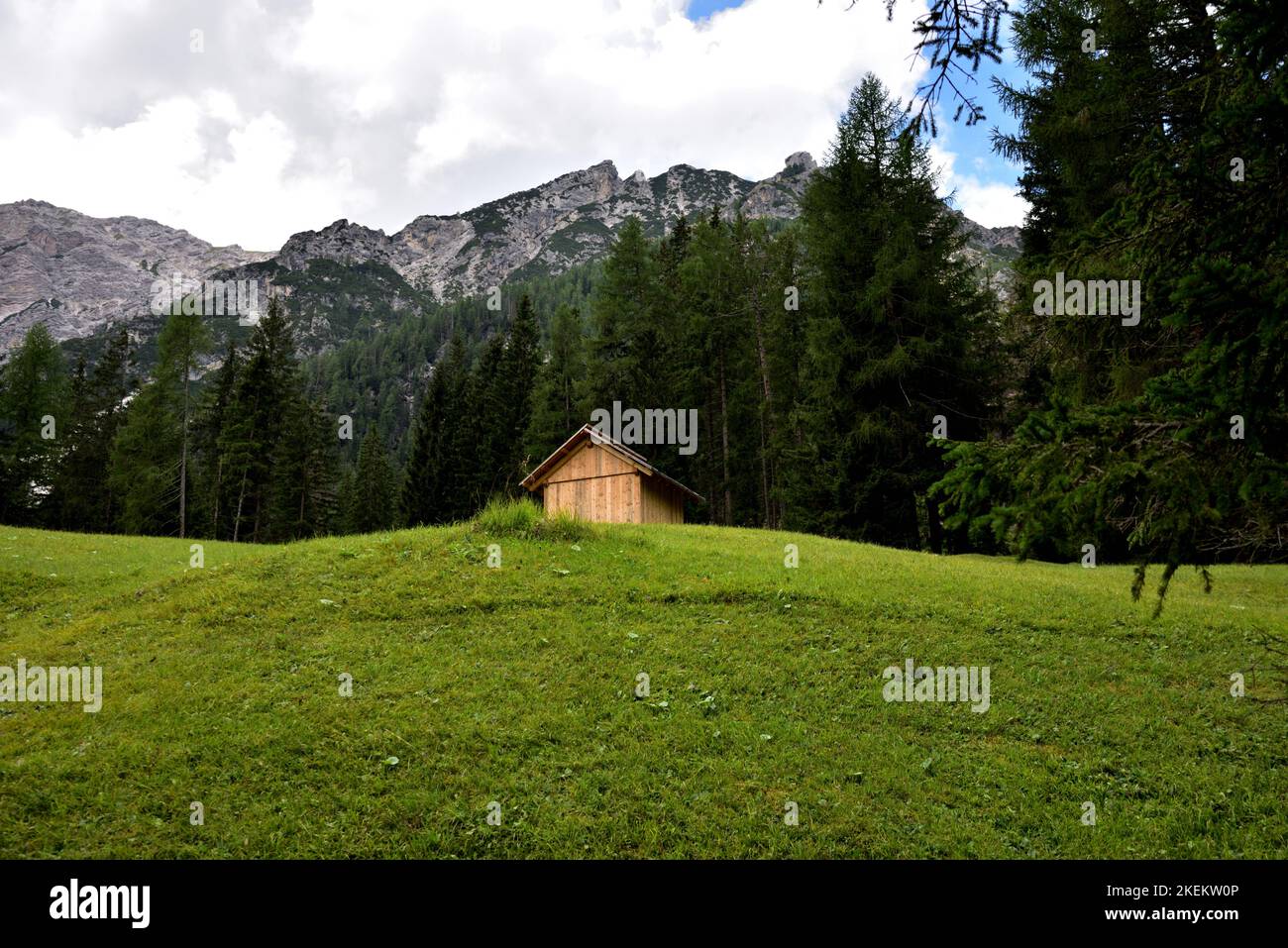 Un coin de la vallée des Baies avec une grange dans un pré dominé par les pentes du mont Pollice Banque D'Images