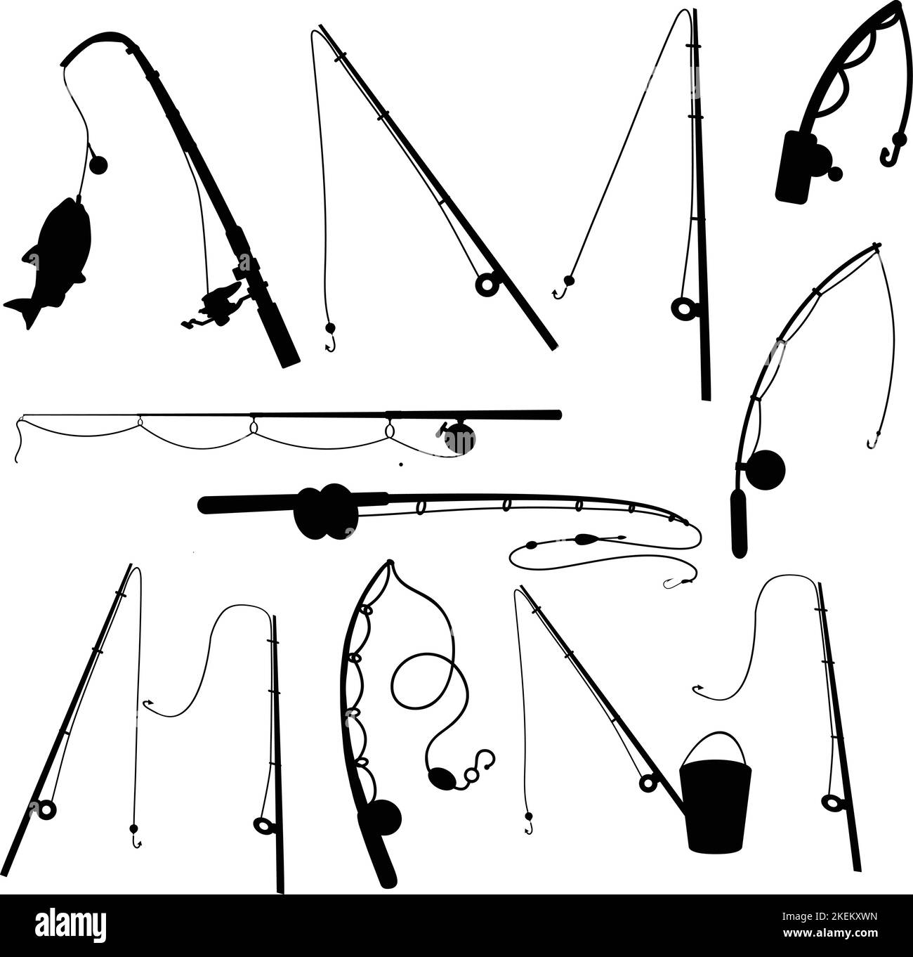 Un ensemble modifiable de silhouettes illustrées de crochets de pêche sur fond blanc Illustration de Vecteur