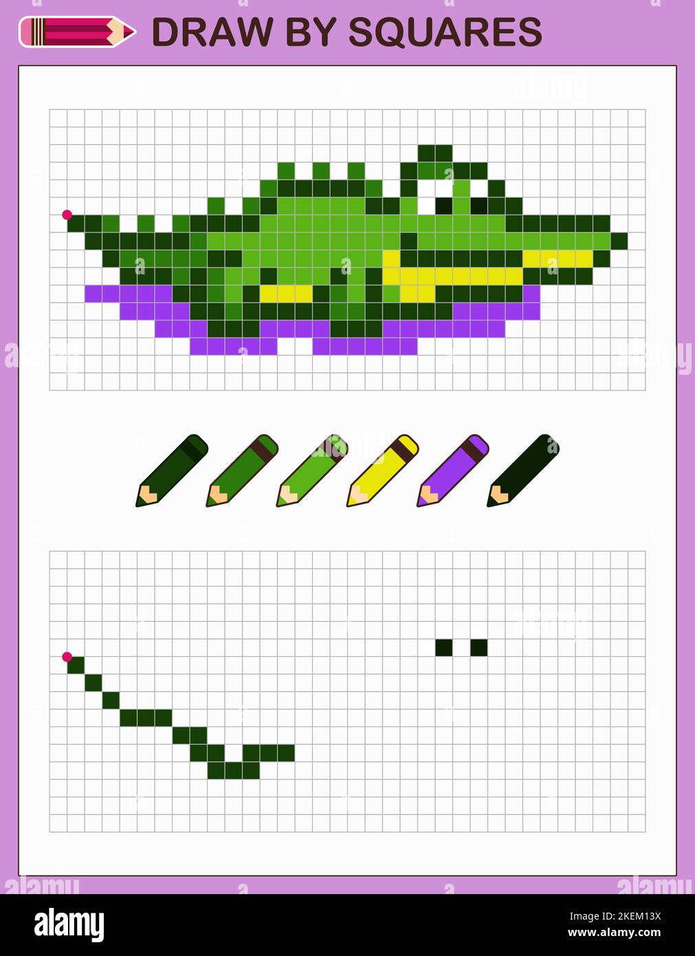 Dessinez un crocodile par des carrés. Copiez la photo. Jeu pour enfants. Illustration de Vecteur