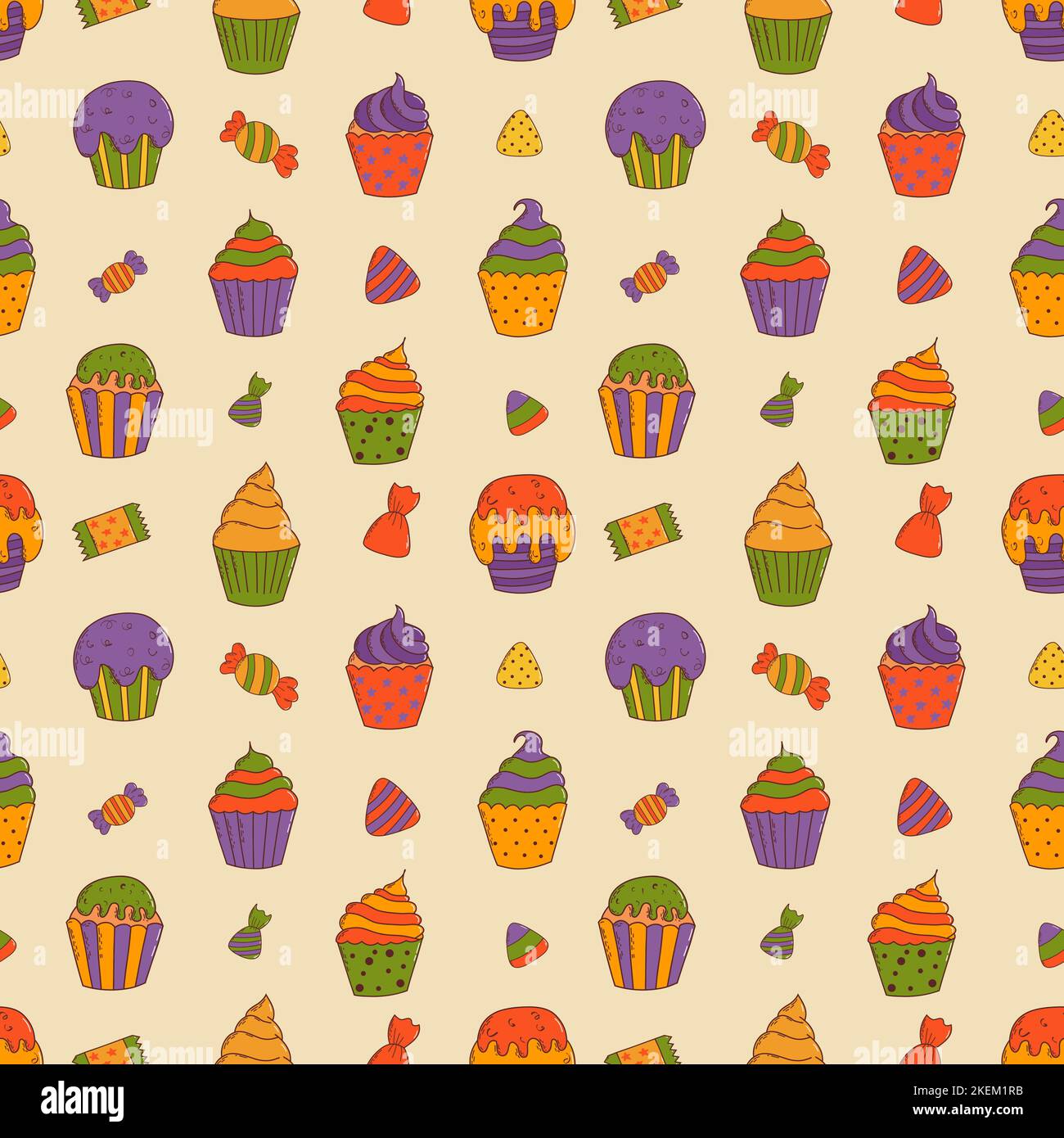 Cupcakes d'halloween à motif sans couture. Éléments d'Halloween. Concept Trick or Treat. Illustration de Vecteur