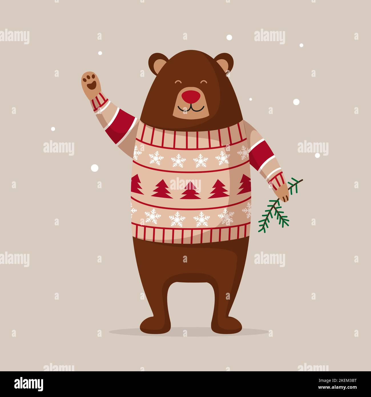 personnage de noël joli ours brun dans un chandail avec une branche d'épinette dans sa patte Illustration de Vecteur