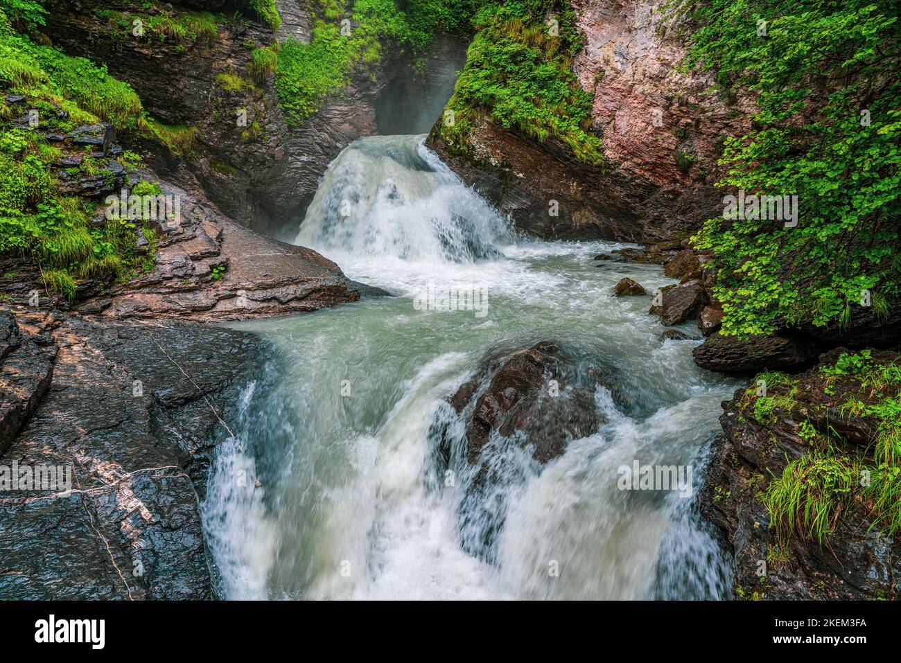Les chutes de Reichenbach dans les montagnes suisses. Banque D'Images