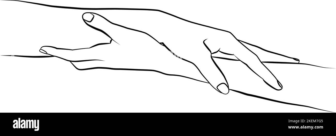 Une paire de mains dans une mise en plan linéaire. Dessin linéaire continu des mains. Deux mains se tiennent l'une l'autre. Tatouage. Illustration de Vecteur