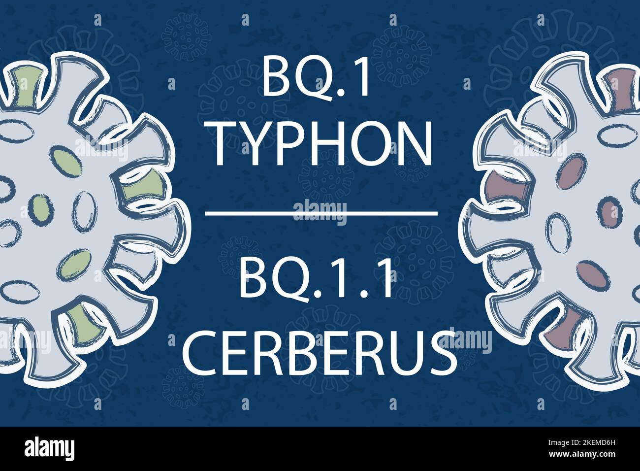 Nouvelles sous-variantes d'Omicron Thyphon BQ.1 et Cerberus BQ1,1. Différentes couleurs des protéines de pointe du coronavirus symbolisent différentes mutations. Illustration de Vecteur