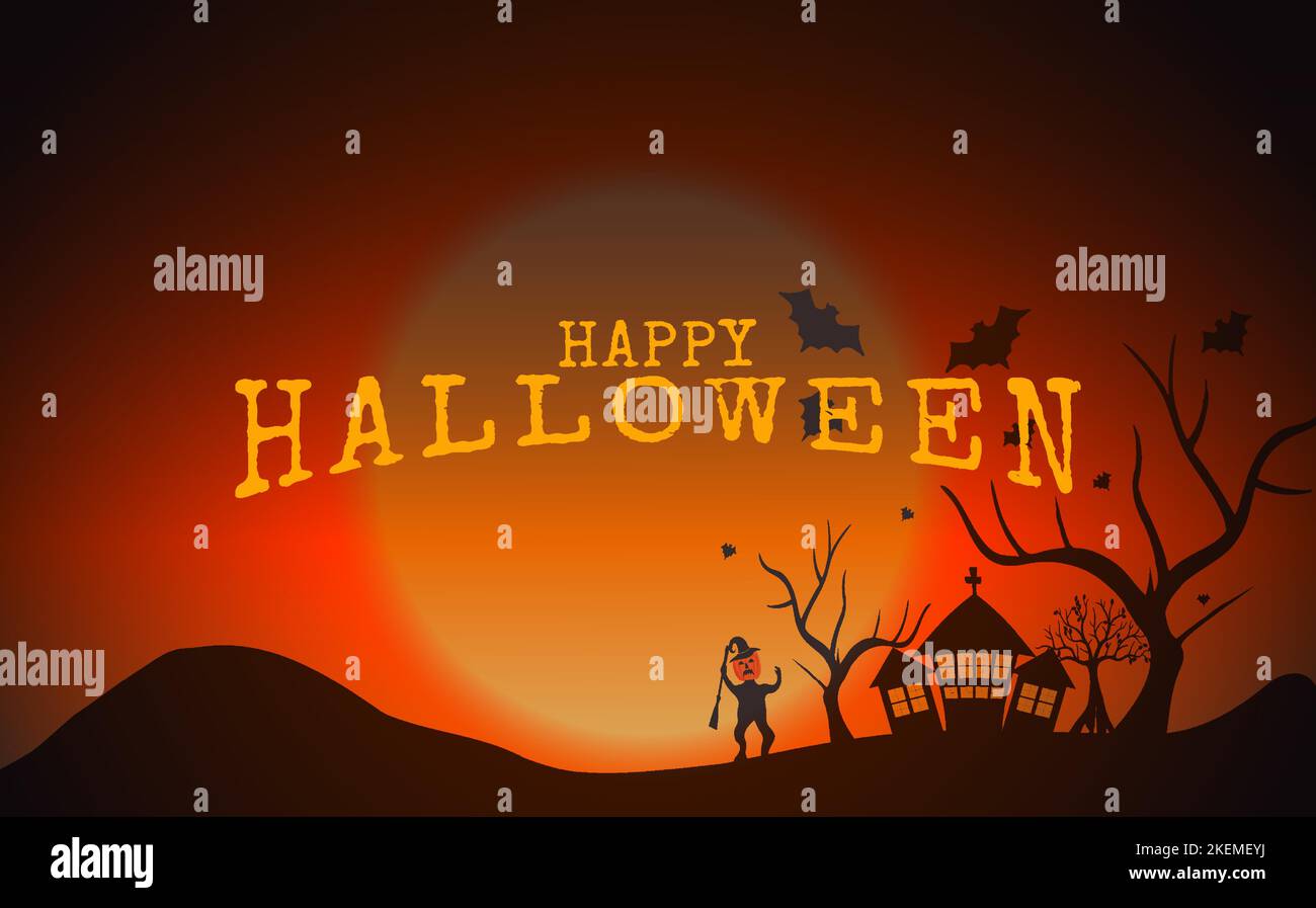 Joyeux halloween, avec des zombies, la vieille maison et l'arbre sans feuilles, la lune pleine sinistre dans le ciel de nuit illustration réaliste Illustration de Vecteur