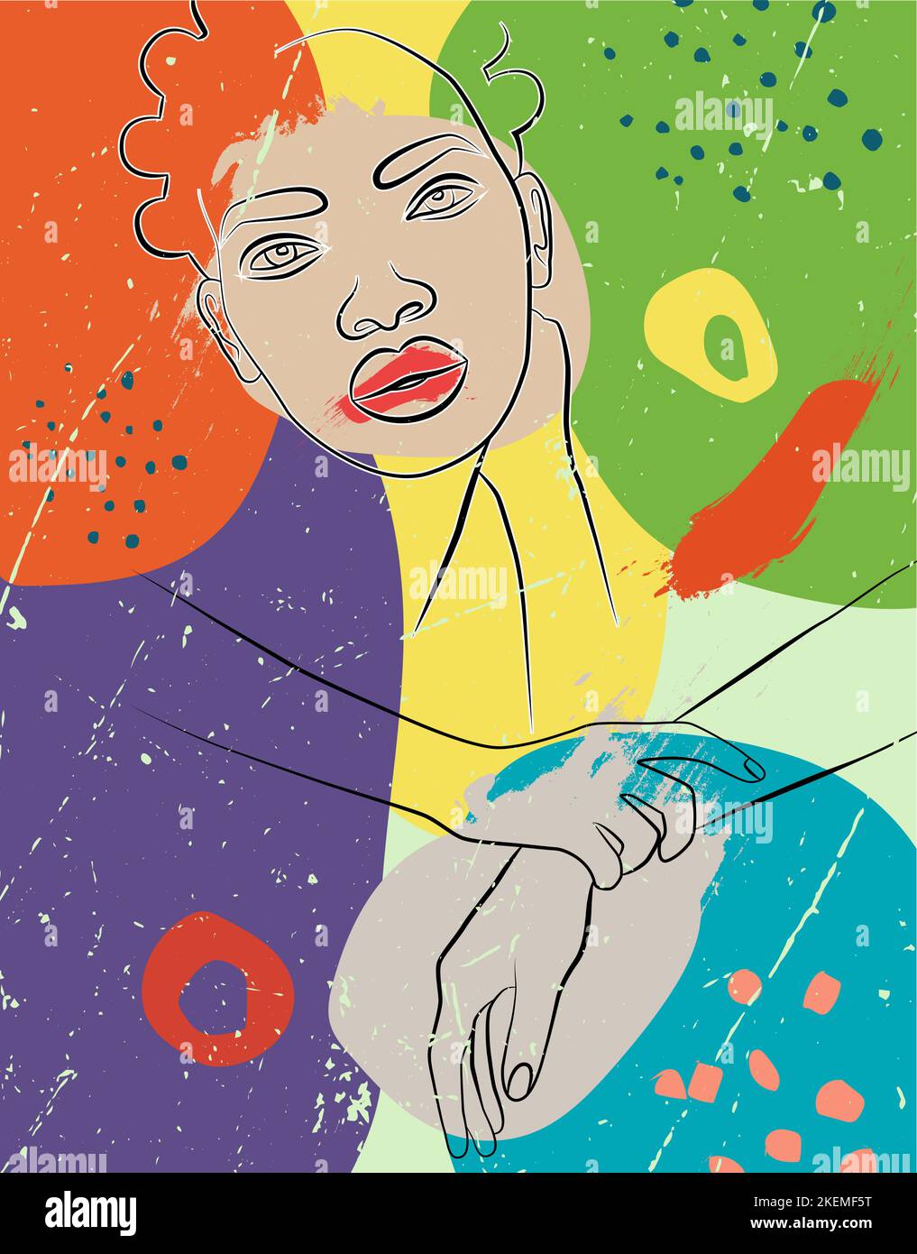 Les mains et un portrait d'une femme sur une ligne sur le fond de taches et de figures abstraites. Illustration de Vecteur