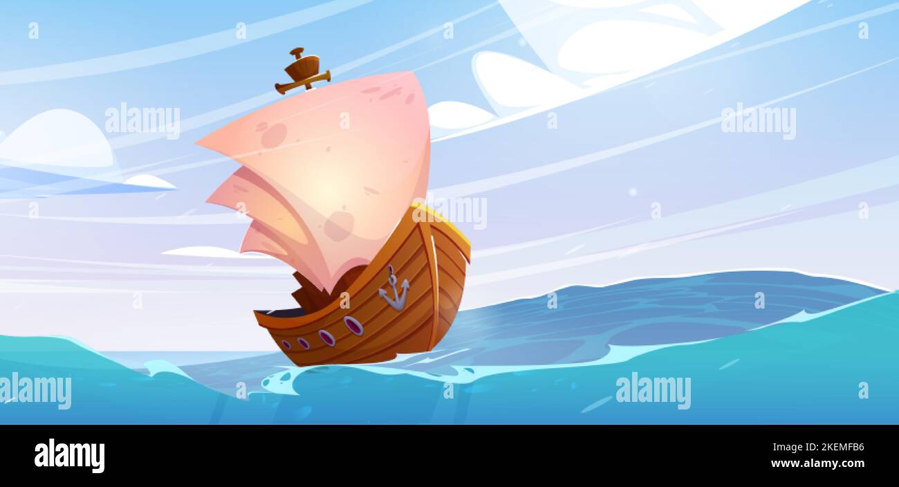 Bateau en bois avec voiles blanches en mer avec vagues. Paysage océanique avec voilier, yacht ancien, bateau pirate ou viking dans le temps orageux avec vent, vecto Illustration de Vecteur