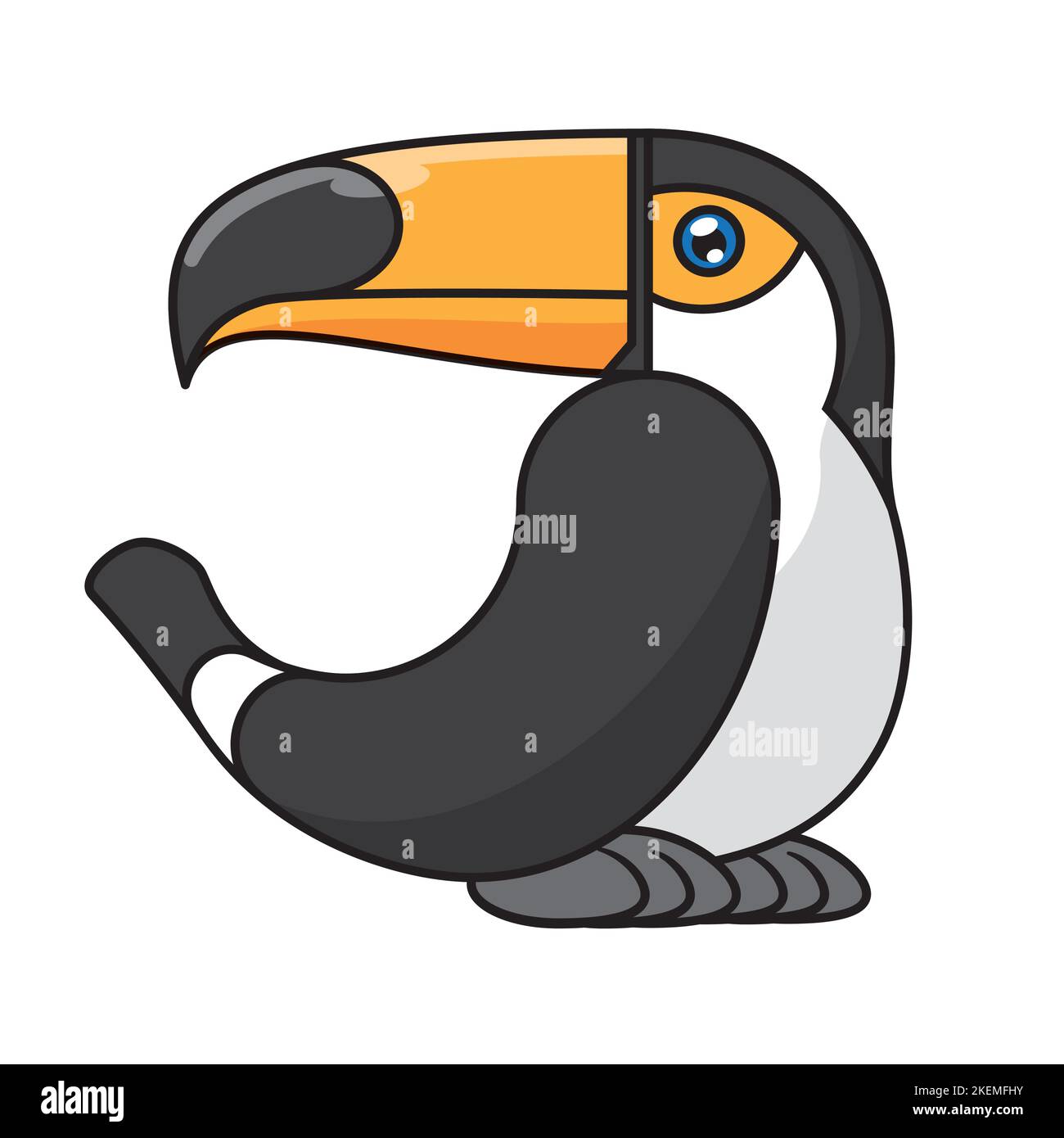 Un adorable oiseau de toucan de dessin animé noir et blanc avec un grand bec sur un fond blanc Illustration de Vecteur