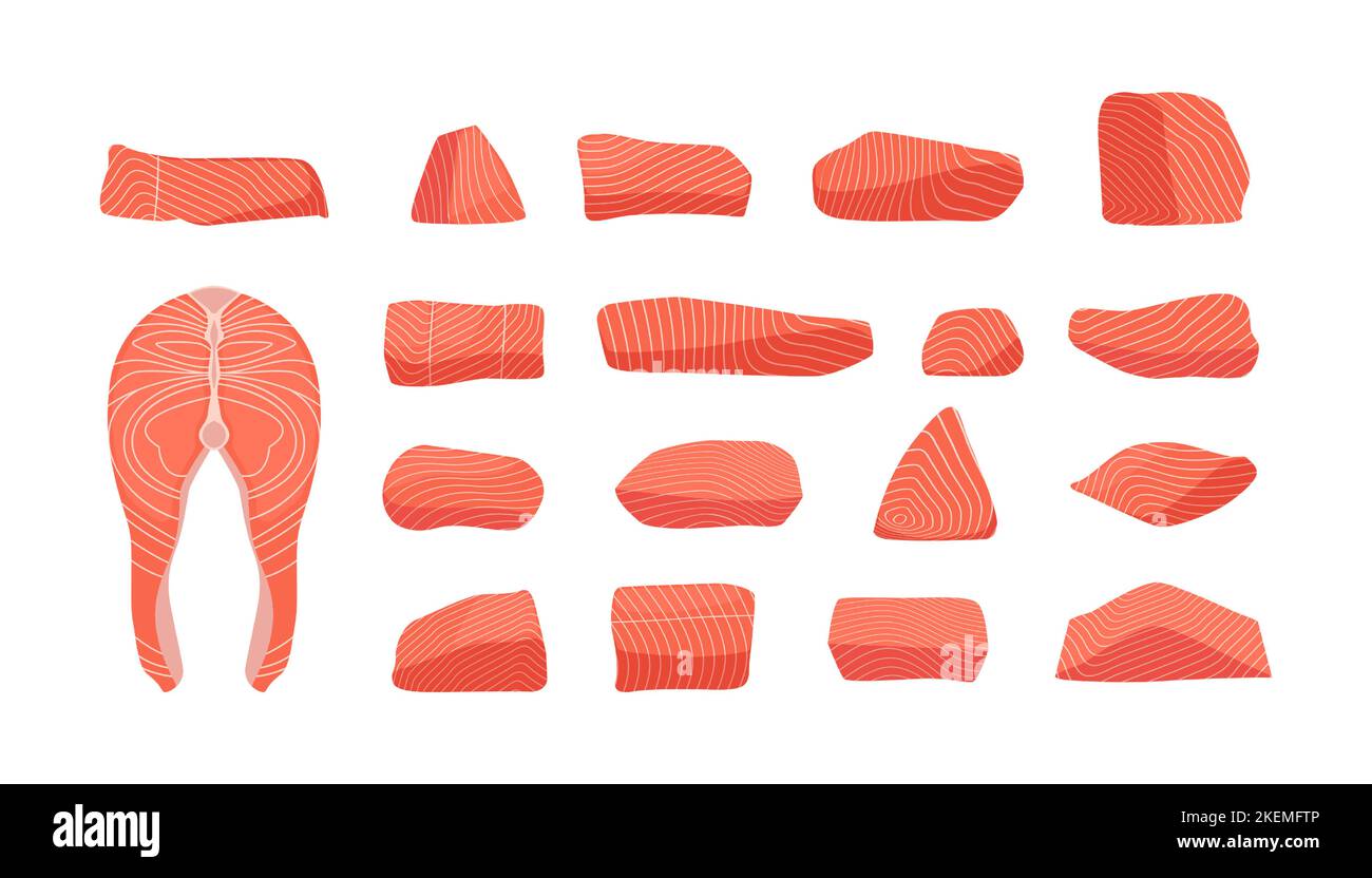 Collection de saumon. Poisson frais cru rouge tranches de dessin animé de style plat, saine truite de l'atlantique steaks queue fin fruits de mer repas gastronomique. Illustration de la collection isolée vectorielle de saumon frais brut Illustration de Vecteur