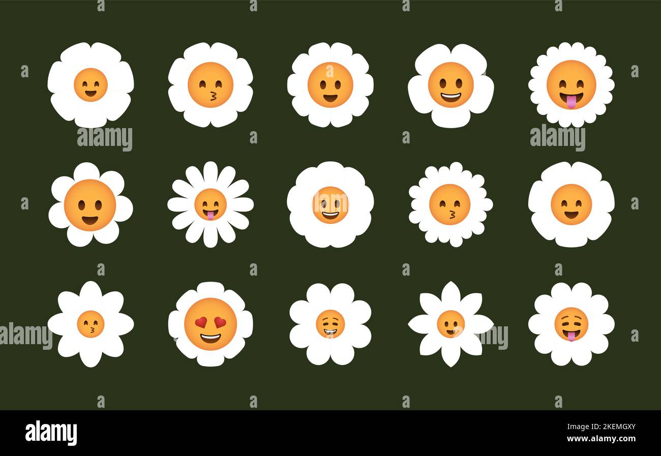 Fleur en forme de pâquerette. Drôle comique icônes camomille avec des visages souriants mignons, groovy gai caractères floraux moderne sticker design. Ensemble de fleurs en forme de pâquerette à motif vectoriel coloré Illustration de Vecteur