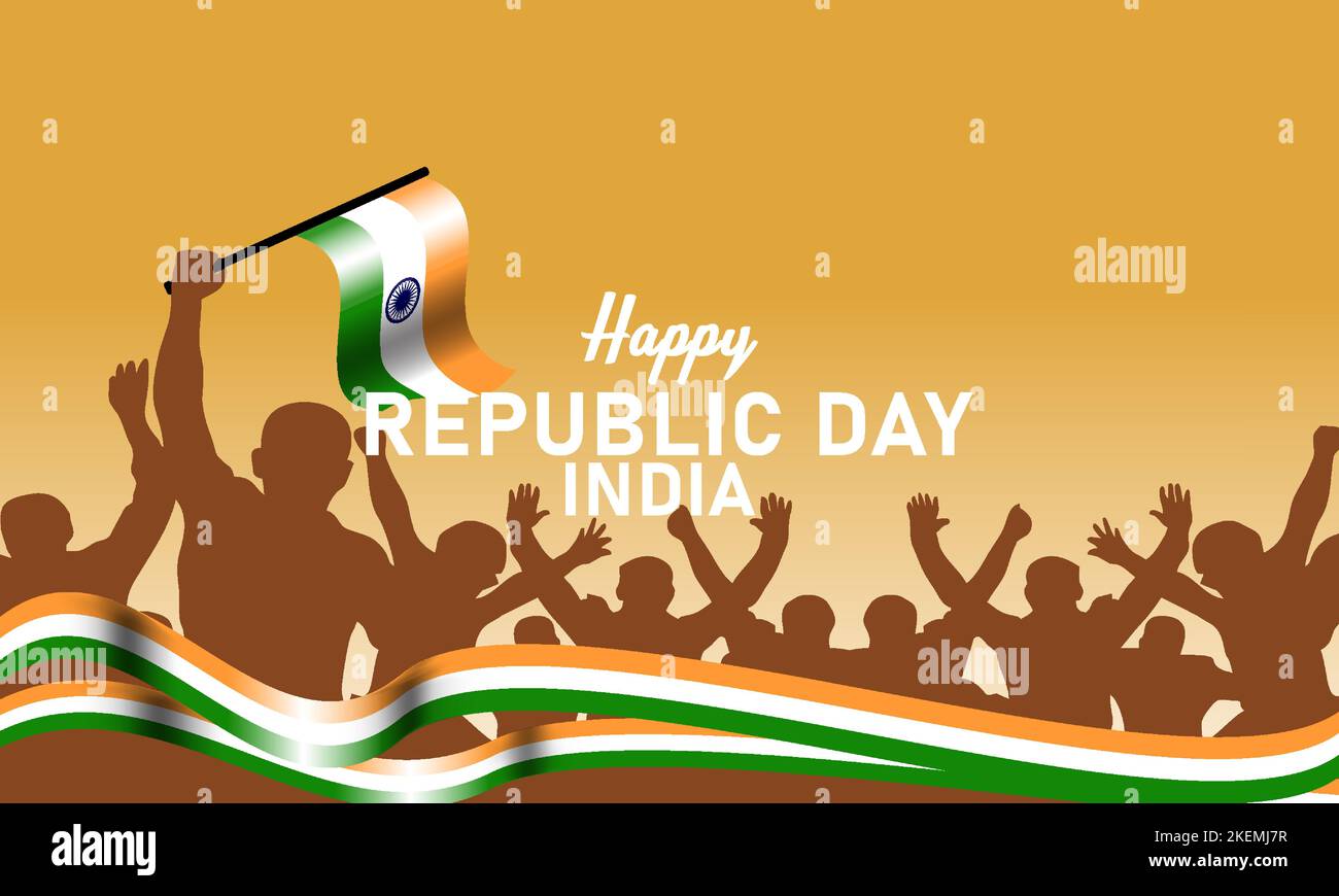 Affiche pour la célébration de la Fête de la République, fond dégradé, ruban de couleur de drapeau indien ondulé, foule Illustration de Vecteur