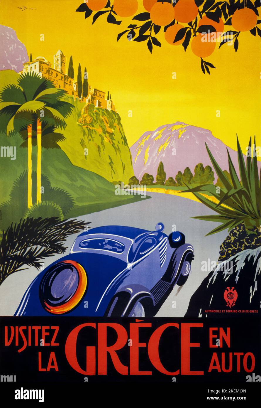 Visitez la Grèce en auto par F.P. (dates inconnues). Affiche publiée en 1930. Banque D'Images