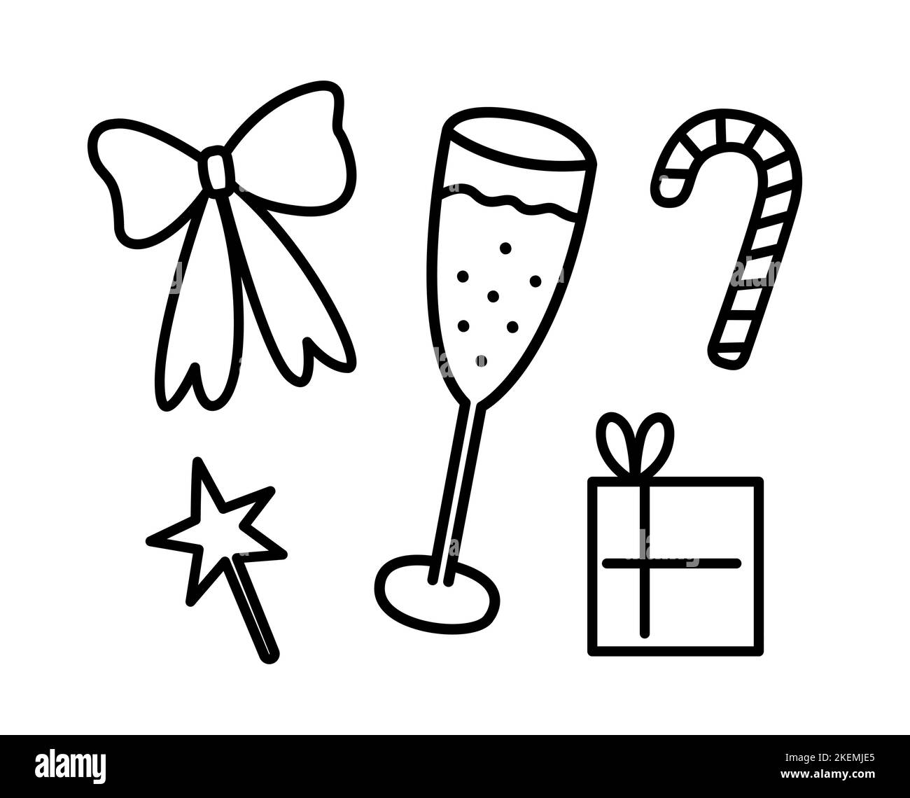 Ensemble de nouilles Christmas Elements 2023. Attributs de Noël et de nouvel an : arc, étoile, boîte cadeau, lollipop, verre de champagne. Art de ligne isolé sur b blanc Illustration de Vecteur