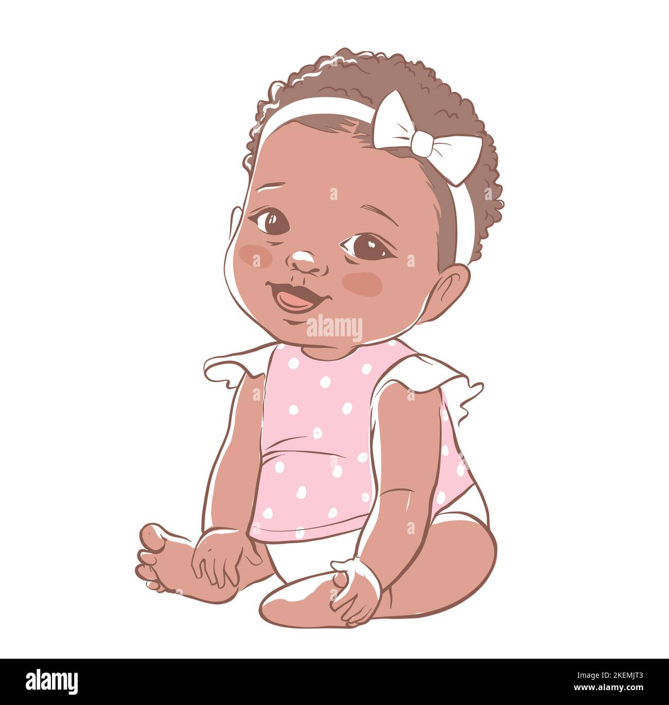 Petite fille mignonne assise et souriante. Bébé actif à peau foncée de 3-12 mois d'origine africaine Illustration de Vecteur