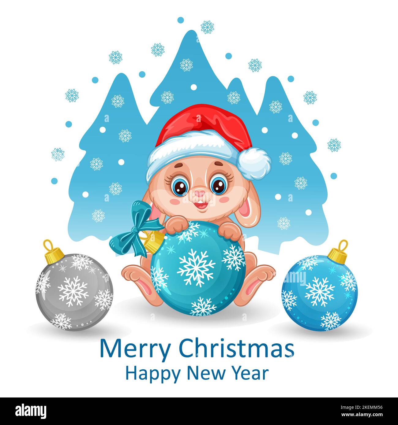 Joli lapin du nouvel an avec boules d'arbre de Noël. Lapin en vacances chapeau rouge de père Noël avec jouets décoratifs de sapin. Carte de voeux « Hare in Winter Forest ». Vecteur Illustration de Vecteur