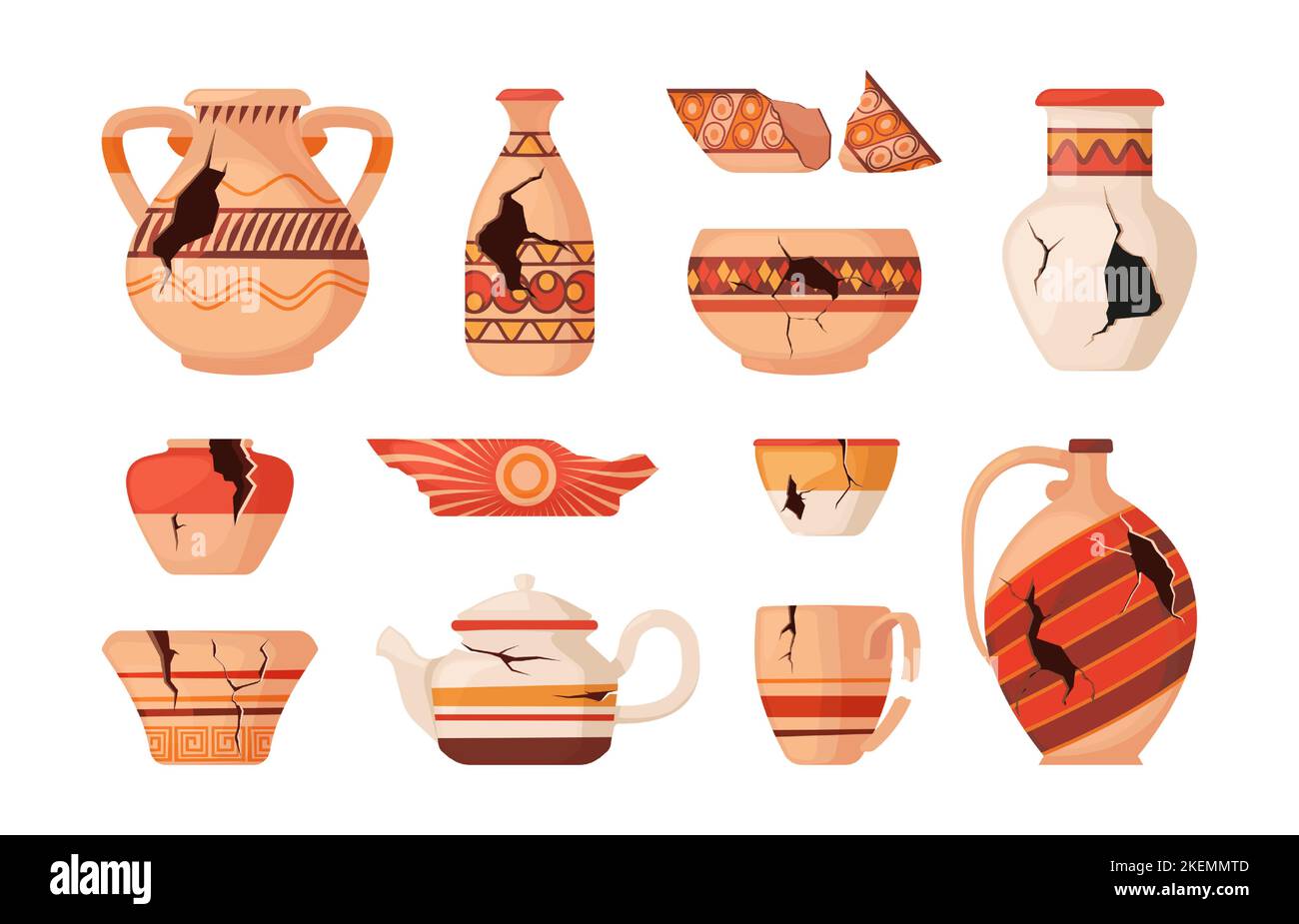 Poterie cassée. Ancien endommagé vase céramique pot urne assiette pichet mug, vintage craquelé argile ustensile assortiment style de dessin animé. Collection isolée de vecteur de l'ancienne conception de poterie brisée illustration Illustration de Vecteur