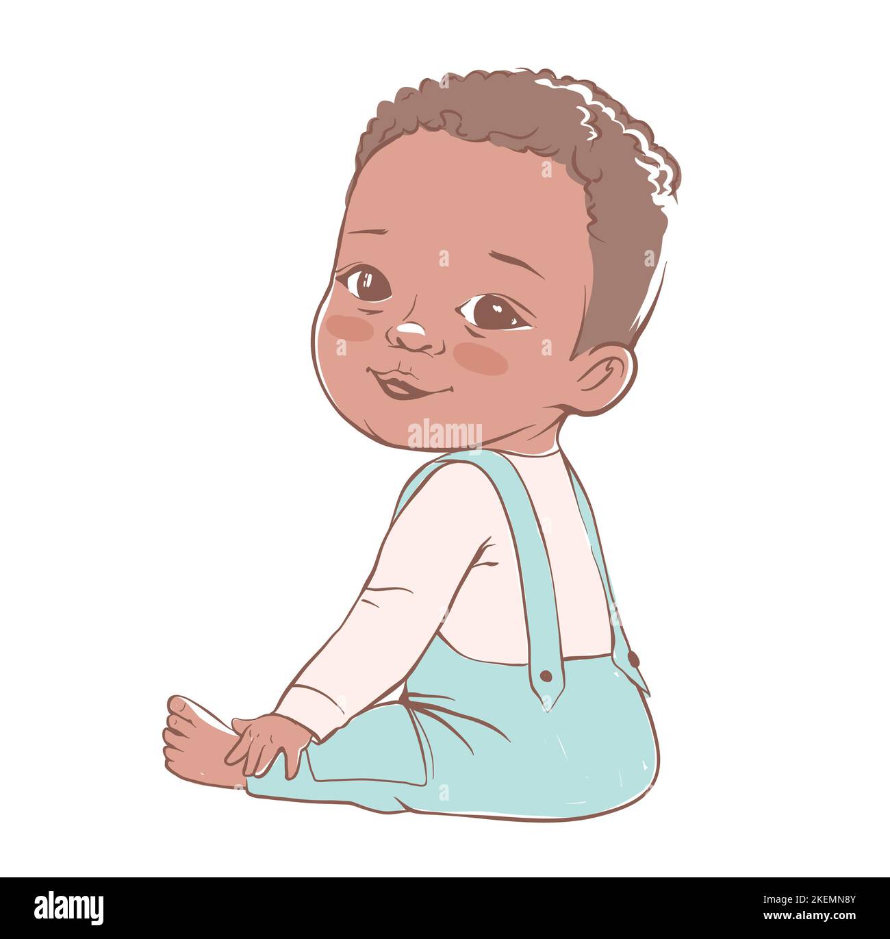 Bébé garçon mignon assis et souriant. Bébé actif à peau foncée de 3-12 mois vêtu de vêtements pour bébés. Enfant d'origine africaine Illustration de Vecteur