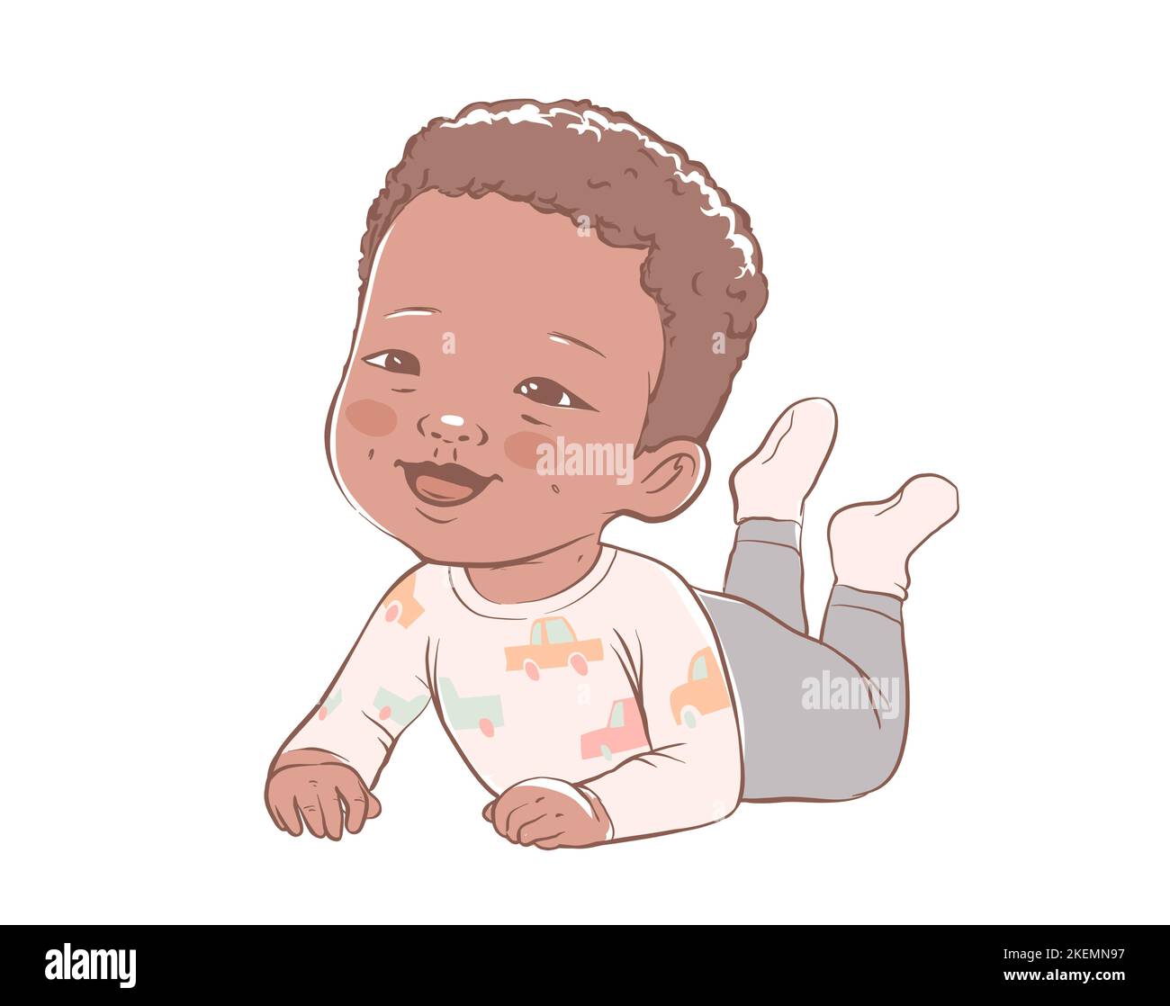 Bébé garçon mignon couché et riant. Bébé actif à peau foncée de 3-12 mois vêtu de vêtements pour bébés. Illustration de Vecteur