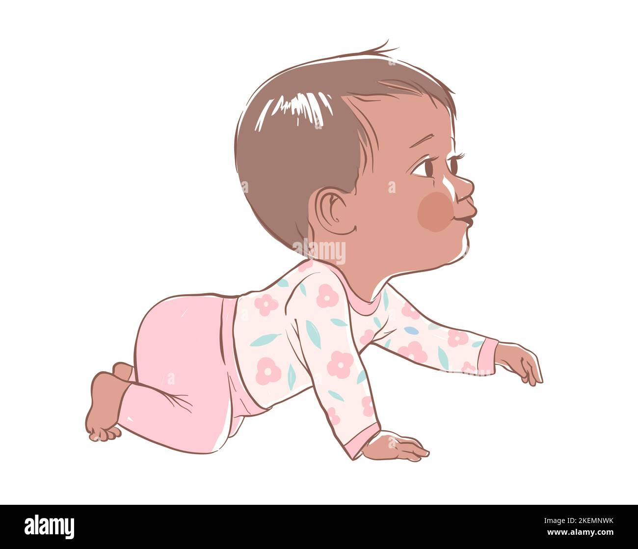 Mignon peau sombre bébé garçon rampant. Enfant actif afro-américain de 3-12 mois habillé dans des vêtements pour bébés Illustration de Vecteur