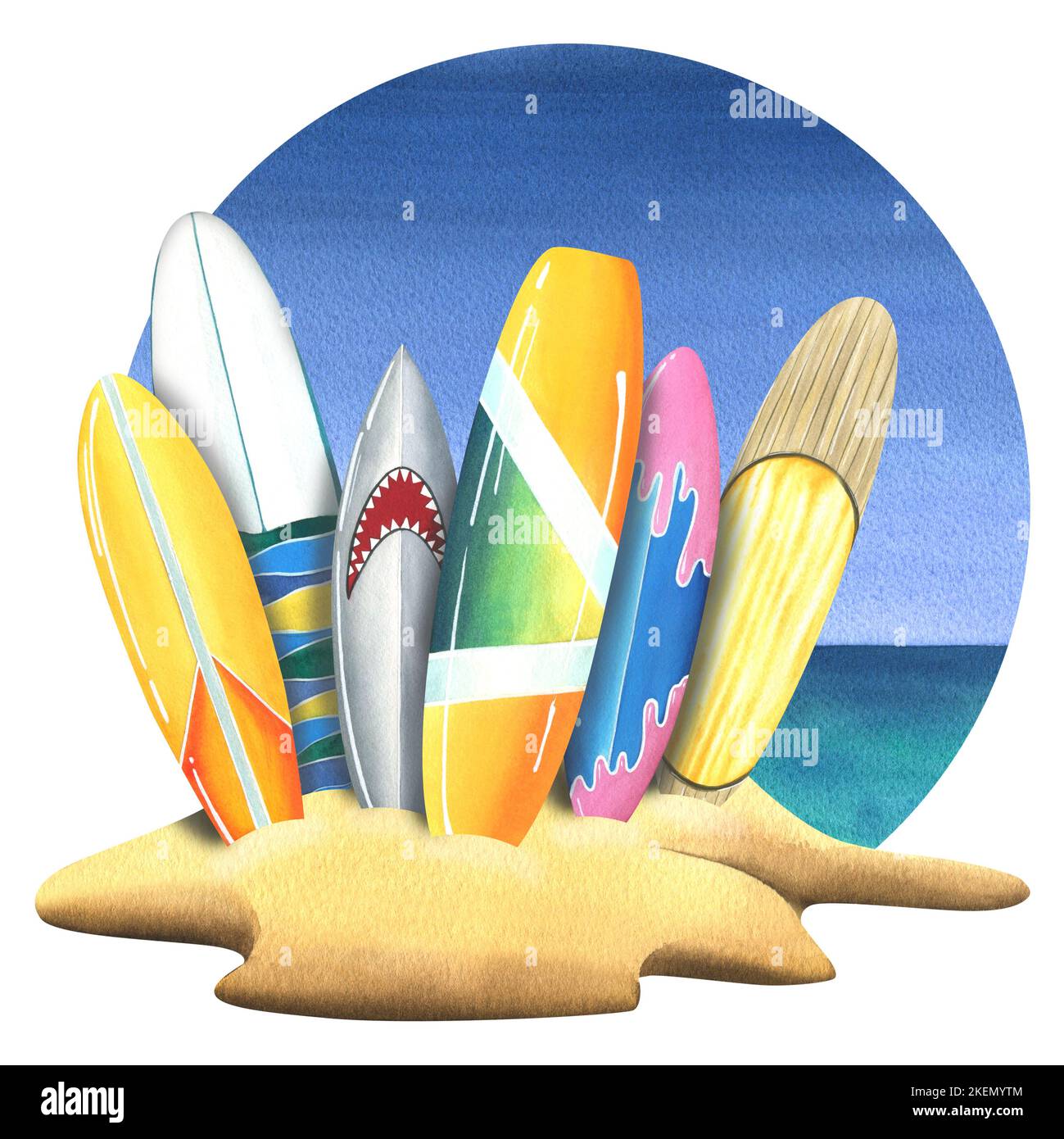 Différentes planches de surf lumineuses et colorées collées dans le sable sur une île tropicale. Illustration aquarelle sur le fond de la mer et du ciel. A Banque D'Images