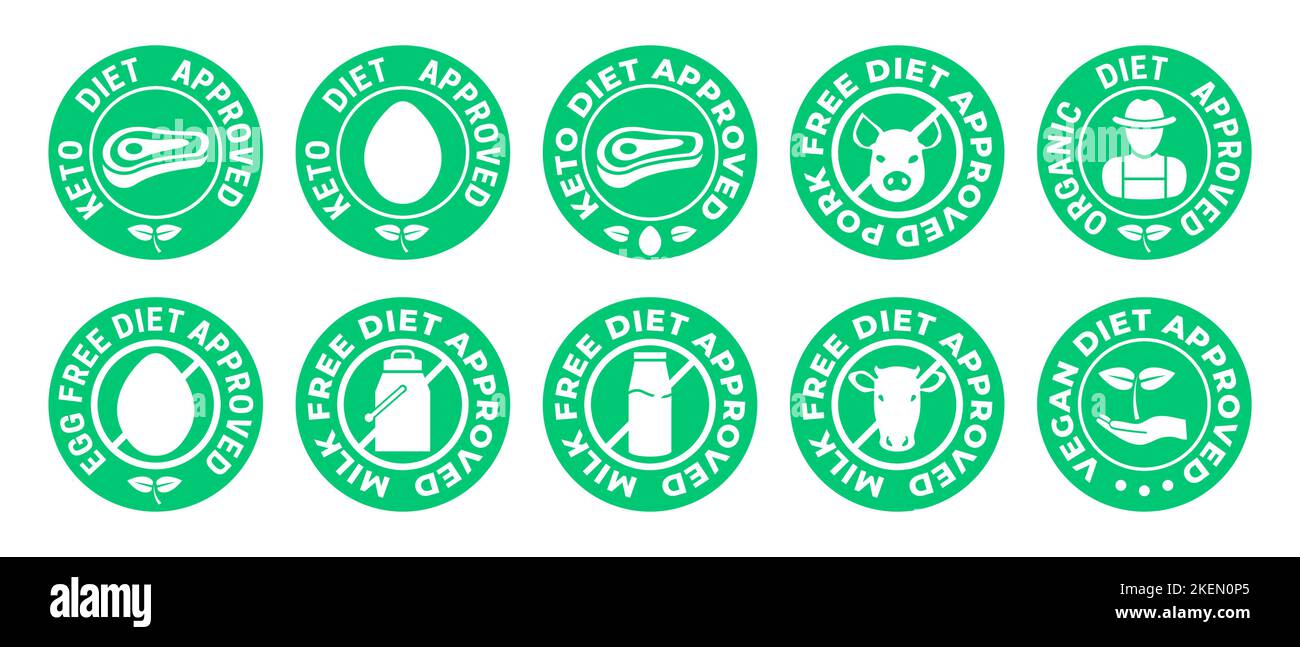 Céto approuvé, sans porc, biologique, œuf, lait et symbole végétalien Illustration de Vecteur
