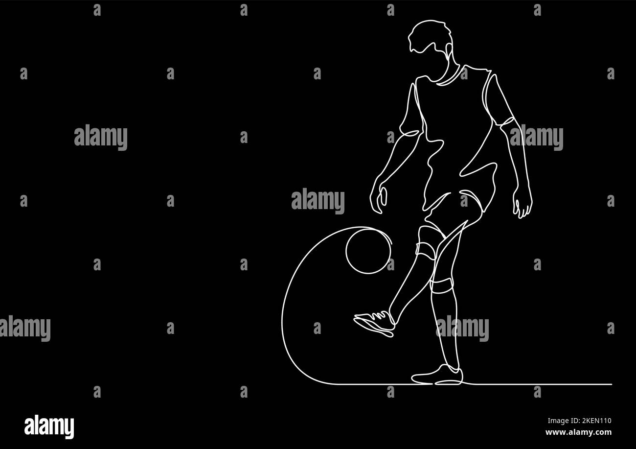 homme jonglant avec un ballon de football jouant de l'illustration vectorielle d'art de ligne de football. Style de mise en plan de ligne continue isolé sur fond noir Illustration de Vecteur