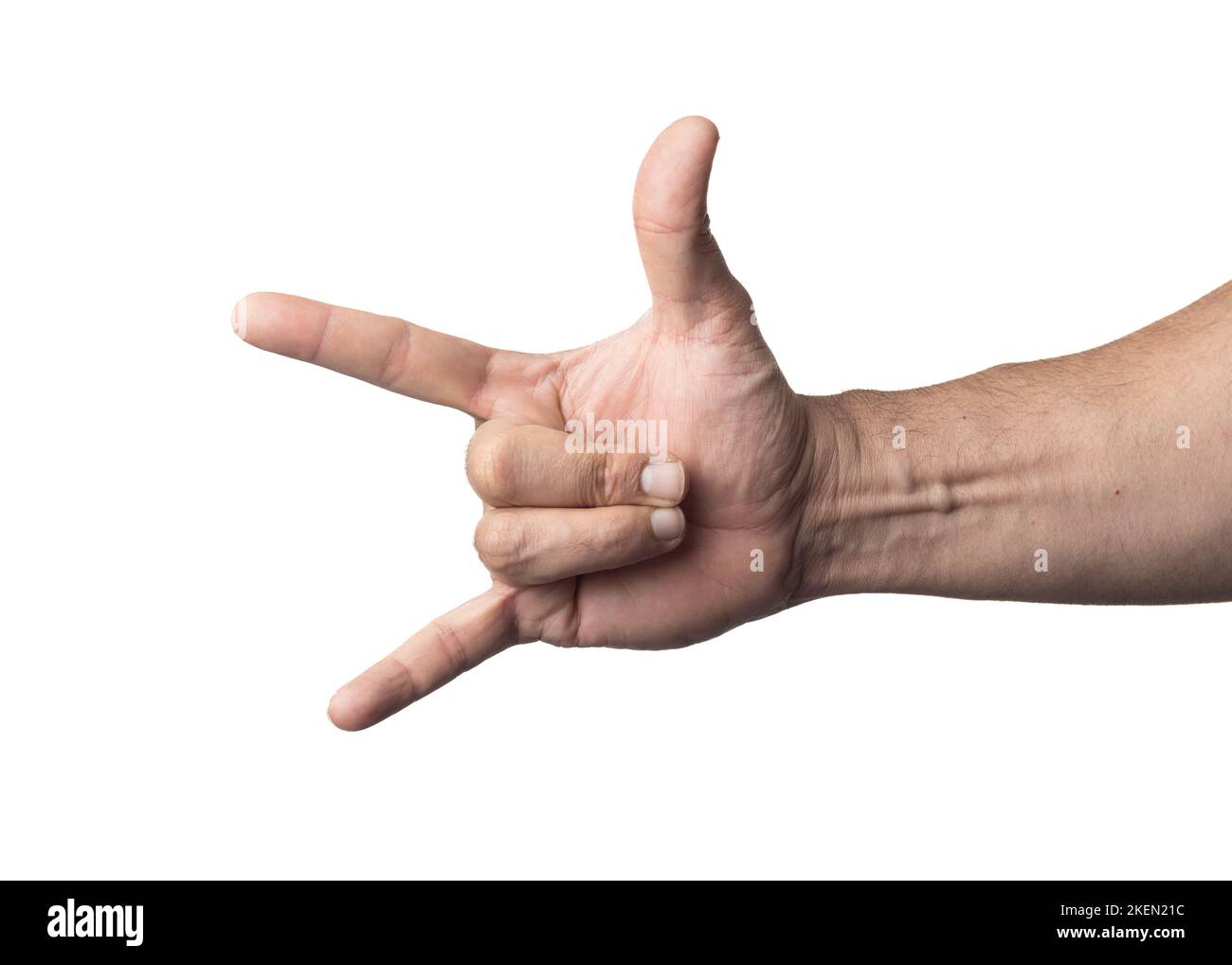 Main et bras d'un homme sur fond blanc nucléaire, montrant un geste d'approbation ou de positivité. Banque D'Images