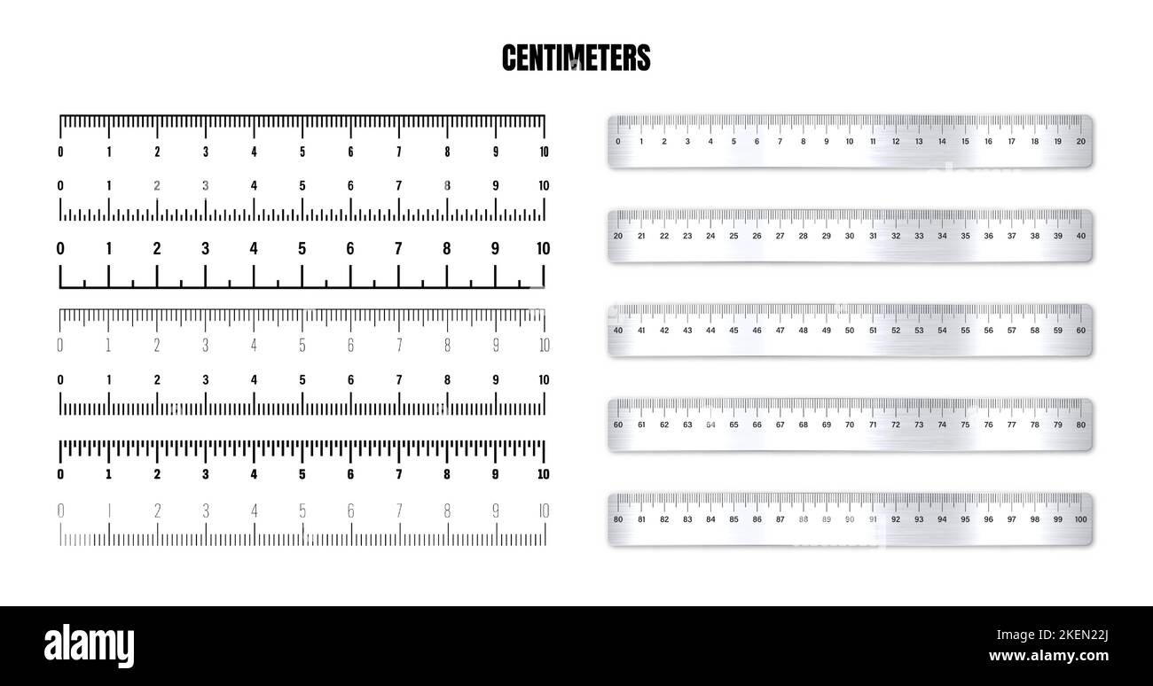 Règles métalliques réalistes avec échelle en centimètres noirs pour mesurer la longueur ou la hauteur. Diverses échelles de mesure avec divisions. Règle, mètre à ruban Illustration de Vecteur
