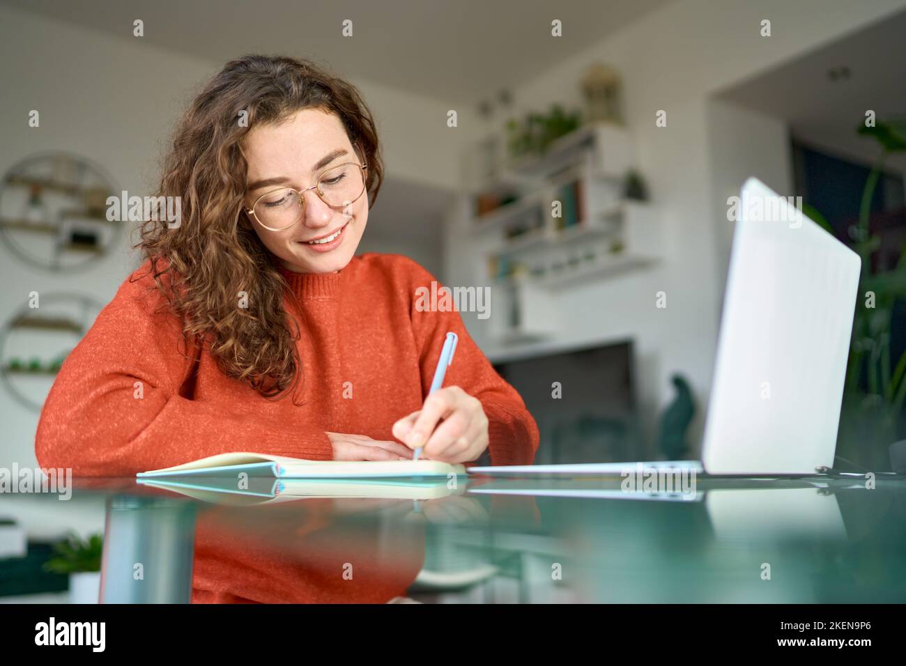 Jeune femme souriante étudiant utilisant un ordinateur portable regardant des webinars écrire à la maison. Banque D'Images