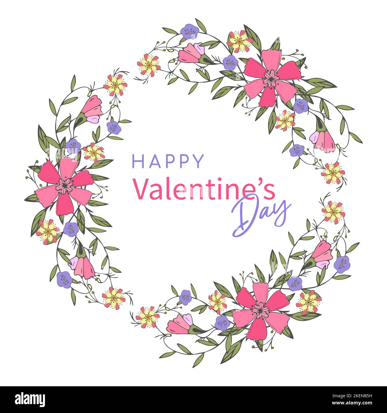 Carte d'inscription de la Saint-Valentin avec fleurs roses en forme de doodle de Wreath dessinées à la main. Illustration vectorielle Illustration de Vecteur
