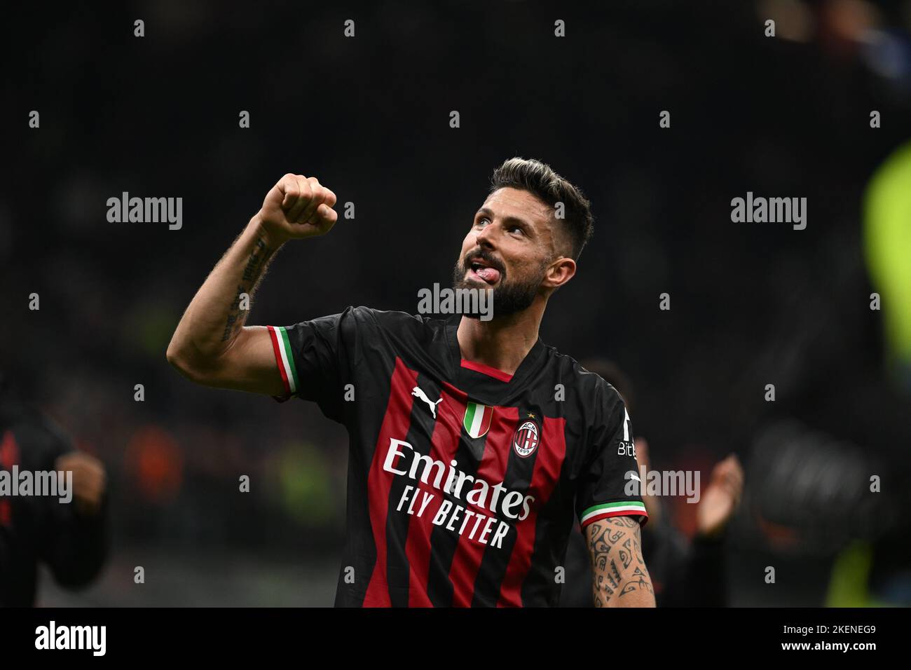 Milan, Italie. 13th novembre 2022. Olivier Giroud FC Milan fête après la victoire lors de la série italienne Un match de ballon rond entre Inter FC Internazionale et le FC de Bologne le 16 octobre 2022 au stade Giuseppe Meazza San Siro Siro Siro de Milan, Italie. Credit: Tiziano Ballabio/Alamy Live News Credit: Tiziano Ballabio/Alamy Live News Banque D'Images