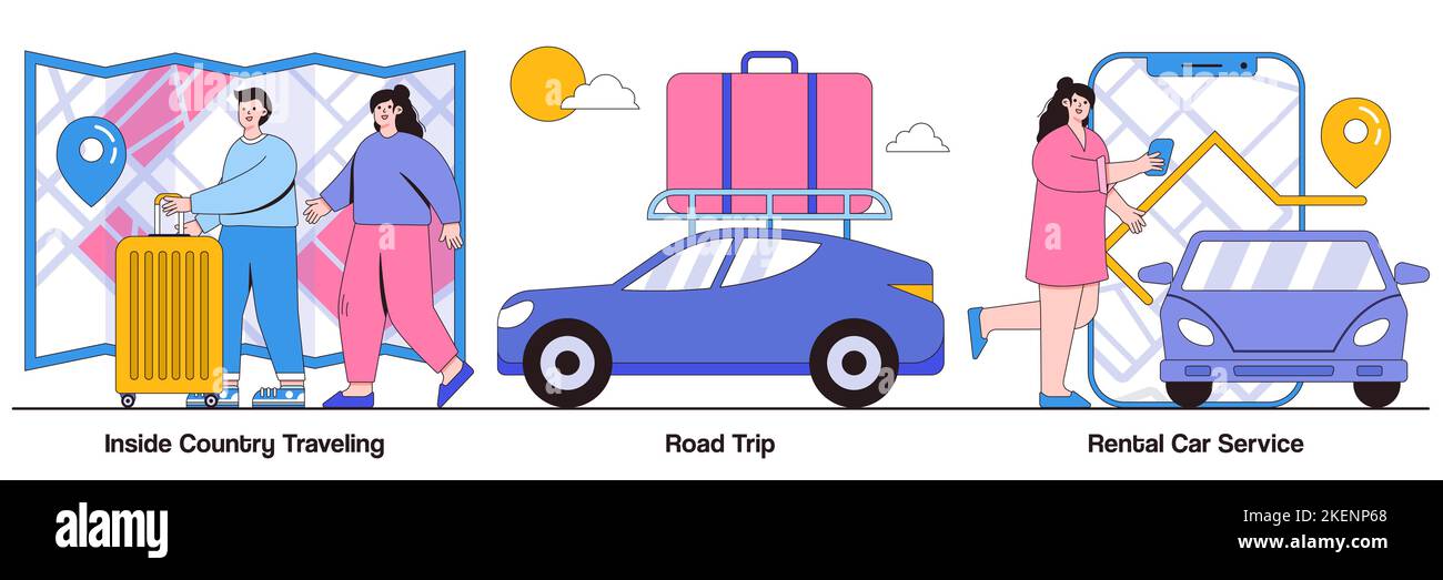 Voyage à l'intérieur du pays, voyage sur route, service de location de voiture concept avec des personnages de personnes. Kit d'illustrations vectorielles abstraites pour les fêtes actives. Séjour à bas prix Illustration de Vecteur