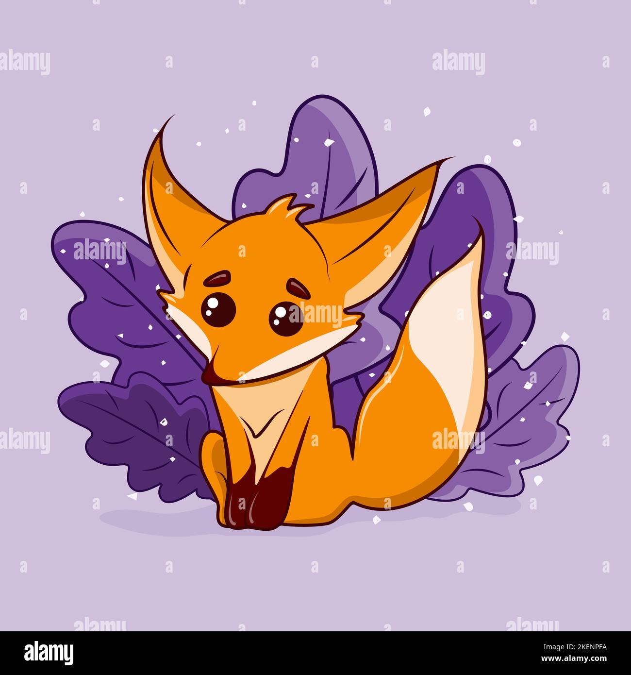 Joli dessin animé Fox avec des feuilles sur fond violet. Illustration de Vecteur