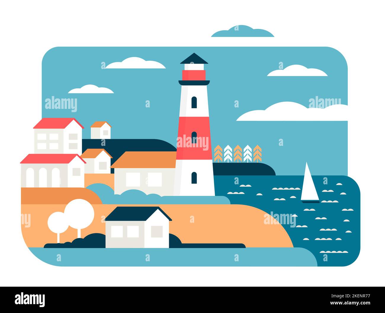 Phare dans un paysage simple minimal de ville côtière illustration vectorielle. Silhouettes de dessins animés de la tour de balise et des maisons sur la plage, en voilier dans les vagues, ville dans le port avec des formes minimalistes Illustration de Vecteur