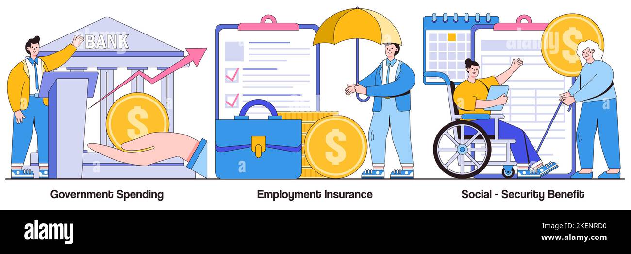 Dépenses publiques, assurance-emploi, concept de prestations de sécurité sociale avec des personnages de personnes. Pack d'illustrations vectorielles pour le budget du pays. Maladie b Illustration de Vecteur