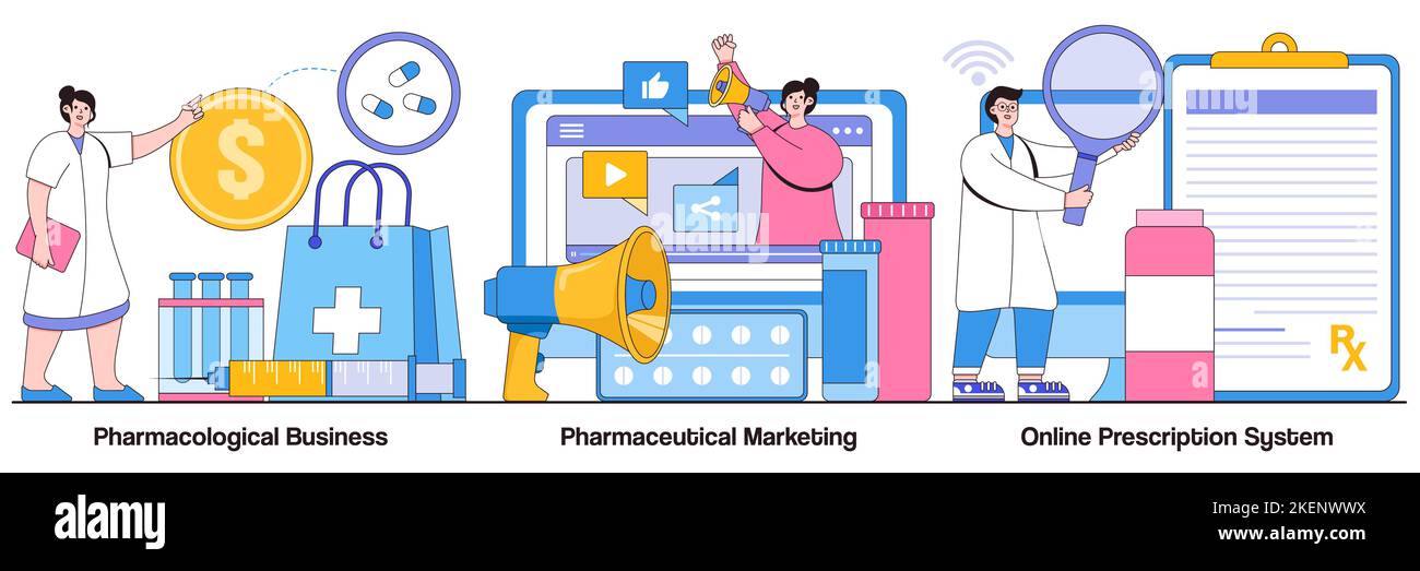 Affaires pharmacologiques, marketing pharmaceutique, concept de système de prescription en ligne avec des personnages de personnes. Illustrat de l'industrie des médicaments Illustration de Vecteur