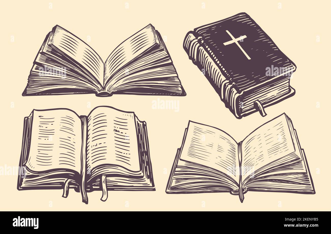 Sainte Bible avec croquis de la Croix. Vieux livre dessiné à la main dans un style de gravure vintage. Illustration du vecteur du symbole culte Illustration de Vecteur